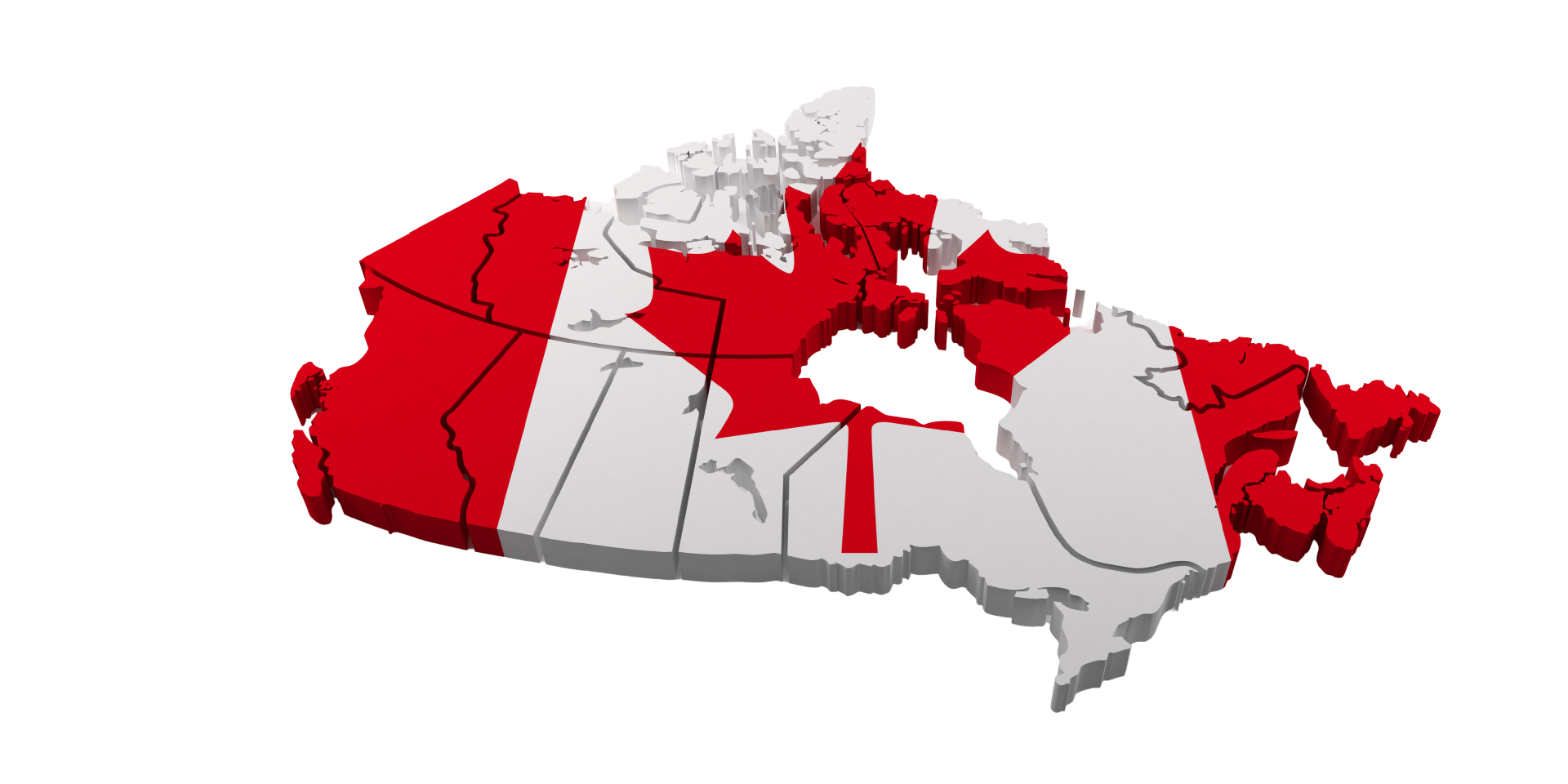 3D map of Canada with the Canadian flag and maple leaf overlaid across the provinces.