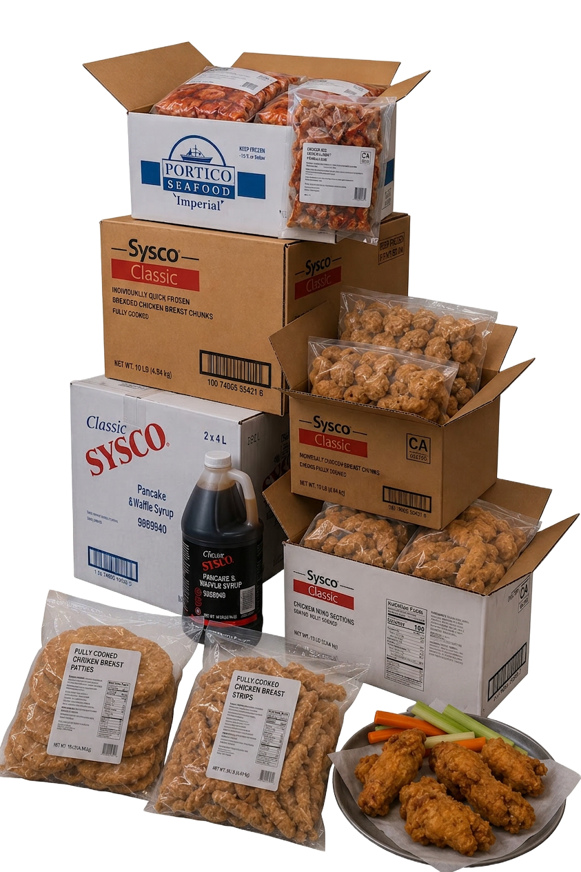 Stacked foodservice product cases, Sysco Classic breaded chicken, Portico seafood, pancake syrup and fully cooked chicken patties.